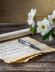 Altes Blatt Papier mit alter Schrift, einem Füller und Blumen