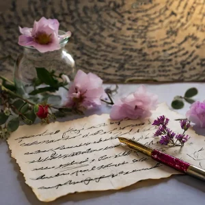 Altes Blatt Papier mit alter Schrift, ein Füller und rosa Blumen