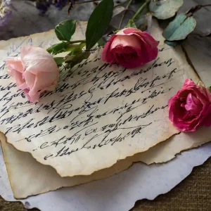 Diverses. Altes Blatt Papier mit alter Schrift und rosarote Rosen