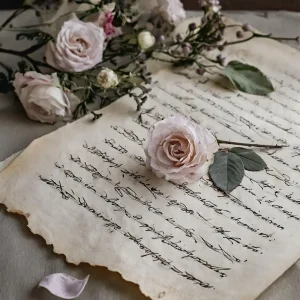 Altes Blatt Papier mit alter Schrift, rosa Blumen