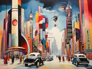 In der City. Stadt mit Wolkenkratzern und Autos im Stil von Wassily Kandinsky