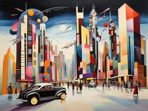 In der City. Stadt mit Wolkenkratzern und Autos im Stil von Wassily Kandinsky