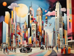 Stadt mit Wolkenkratzern und Autos im Stil von Wassily Kandinsky