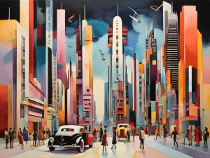 Stadt mit Wolkenkratzern und Autos im Stil von Wassily Kandinsky