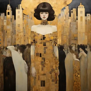 Menschen. Frau und City mit Wolkenkratzern. Gustav Klimt Style