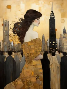 Menschen. Frau und City mit Wolkenkratzern. Gustav Klimt Style