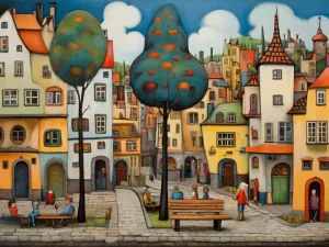 In der City. Städtchen im Stil von Hundertwasser.