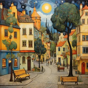 Städtchen im Stil von Hundertwasser und van Gogh.