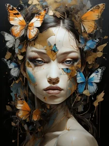 Menschen Kunst. Mysterious Portrait of a woman and butterflies