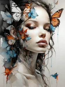 Menschen Kunst. Mysterious Portrait of a woman and butterflies