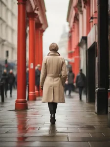 Street photography. Eine Frau geht an roten Säulen vorbei