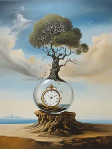 Landschaft mit Baum und Uhr im Salvador Dali Style