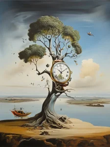 Diverses. Landschaft mit Baum und Uhr im Salvador Dali Style