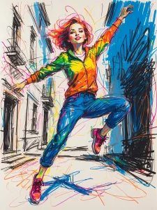 Menschen in Bewegung. Joy, woman jumps, scribble art