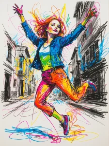 Joy, woman jumps, scribble art