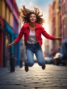 Frau mit roter Jacke jumpt