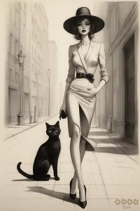 Illustrationen. Stylische Lady, Hut und Katze