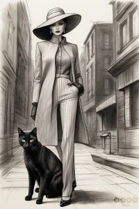 Illustrationen. Stylische Lady, Hut und Katze