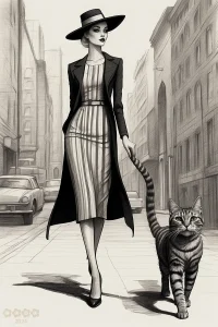 Illustrationen. Stylische Lady, Hut und Katze