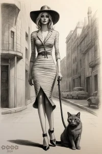 Illustrationen. Stylische Lady, Hut und Katze