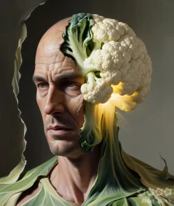 Surreal. Portrait Mann, eine Hälfte seines Kopfes ist ein Blumenkohl