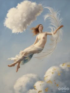 Menschen Kunst 2. Frau schwebt gelassen in den Wolken