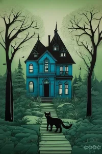 Illustrationen. Viktorianisches Haus mit schwarzer Katze