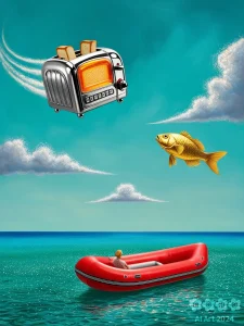 Surreal. Ein Toaster am Himmel, ein knallrotes Gummiboot und ein goldener Fisch.