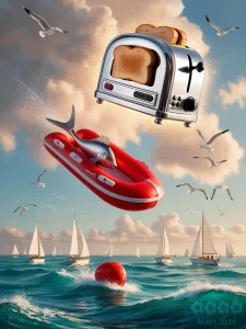 Surreal. Ein Toaster am Himmel, ein knallrotes Gummiboot und ein silberner Fisch.