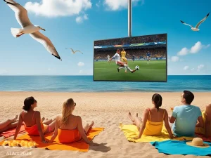 Surreal. Die Badegäste am Strand schauen auf einem großen Fernseher Fußball.