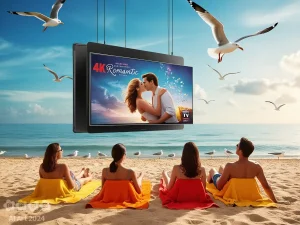 Die Badegäste am Strand schauen auf einem großen Fernseher einen romantischen Film.