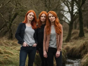 Menschen real 2. Drei irische Frauen mit roten Haaren im Wald.