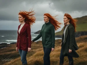 Drei irische Frauen mit wehenden, roten Haaren am Meer.