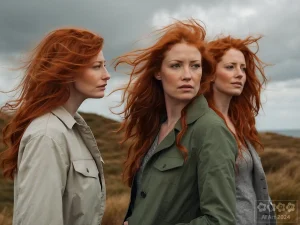 Drei irische Frauen mit wehenden, roten Haaren am Meer.Drei irische Frauen mit wehenden, roten Haaren am Meer.