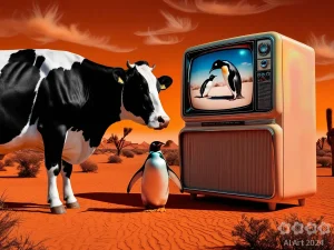 Surreal. Eine Kuh und ein Pinguin gucken Fernsehen in der Wüste