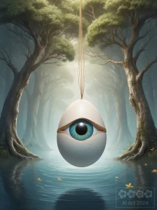 Surreal 2. Ei mit Auge in einem Wald an einer Schnur über einem kleinen Tümpel.