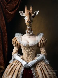 Surreal. Eine Frau in Kleidung im Barockstil mit Giraffenkopf.