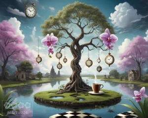 Surreal 2. Ein Baum, an dem Uhren hängen, ein Tümpel, eine Kaffeetasse, ein Schachbrett und Orchideen.