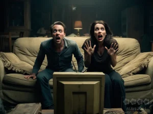 Ein Pärchen schaut einen Horrorfilm und ist total entsetzt und verängstigt.