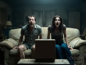 Ein Pärchen schaut einen Horrorfilm und ist total entsetzt und verängstigt.