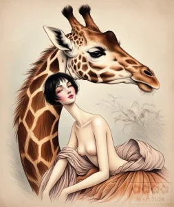 Eine Frau mit einem sehr langen Hals und eine Giraffe