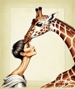 Surreal 2. Eine Frau mit einem sehr langen Hals und eine Giraffe