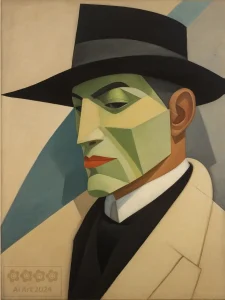 Portrait eines Mannes im Stil von Lyonel Feininger.