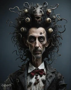 Gruselkabinett 2. Ein gruseliger Mann mit wirren Haaren und einem Monster auf dem Kopf.