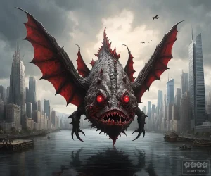 Ein fliegender Fisch mit roten Augen und Flügeln und spitzen Zähnen.