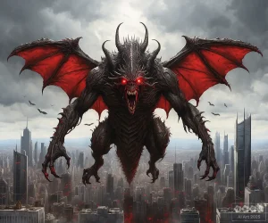 Ein fliegendes Monster mit roten Augen und Flügeln und spitzen Zähnen.