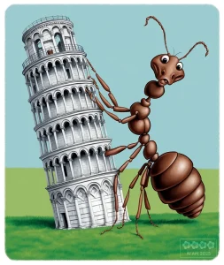 Karikaturen 2. Ameise hält den schiefen Turm von Pisa fest.