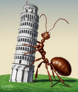 Ameise stützt den schiefen Turm von Pisa.