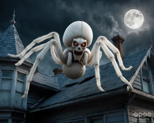 Gruselkabinett 2. Eine gigantisch große, weiße Spinne auf einem Dach bei Nacht.