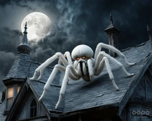 Gruselkabinett 2. Eine gigantisch große, weiße Spinne auf einem Dach bei Nacht.